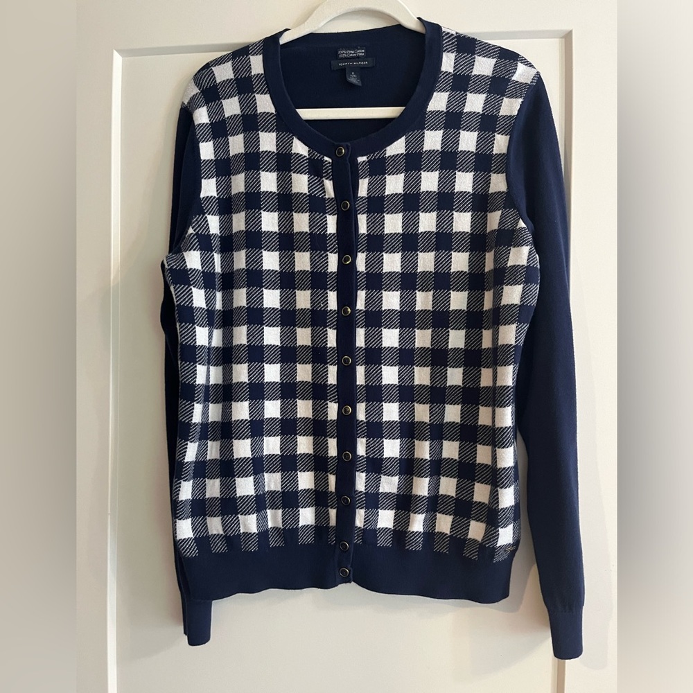 Tommy Hilfiger Navy Plaid Pima Cotton Cardigan (Size XL)
